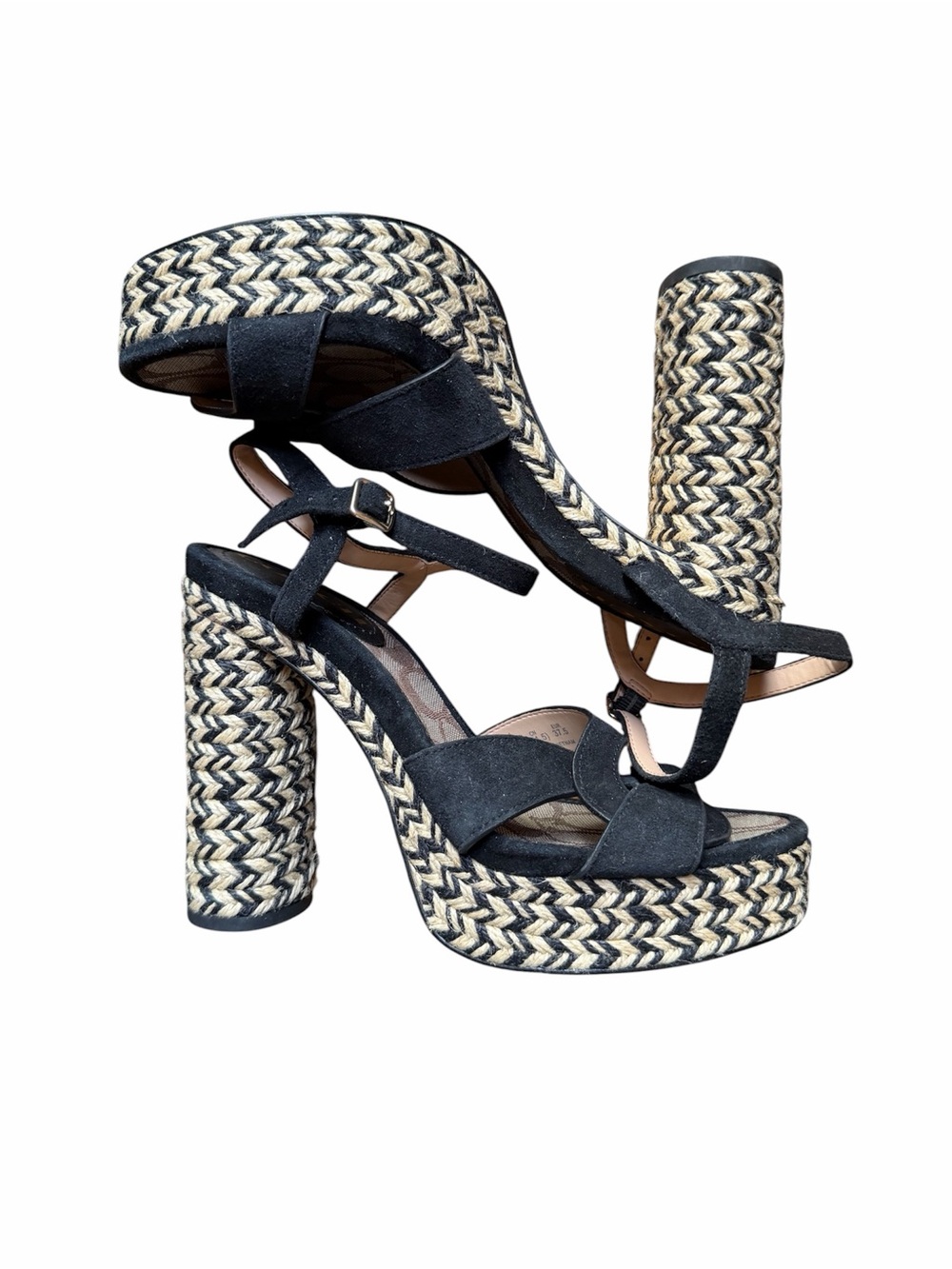 Coach Black Suede Platform Sandals with Woven-Pattern Heel - Picture 2 of 4